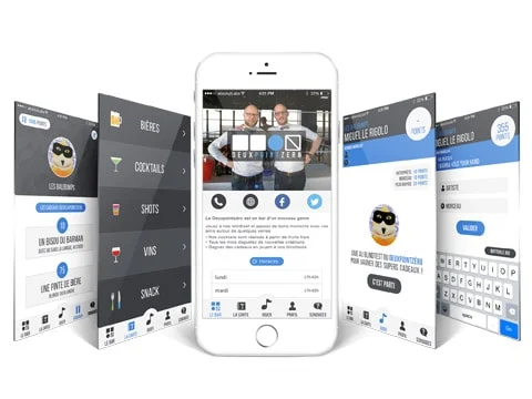 L’application DeuxPointZéro sur iPhone, avec la carte du bar, les récompenses et le blind test.