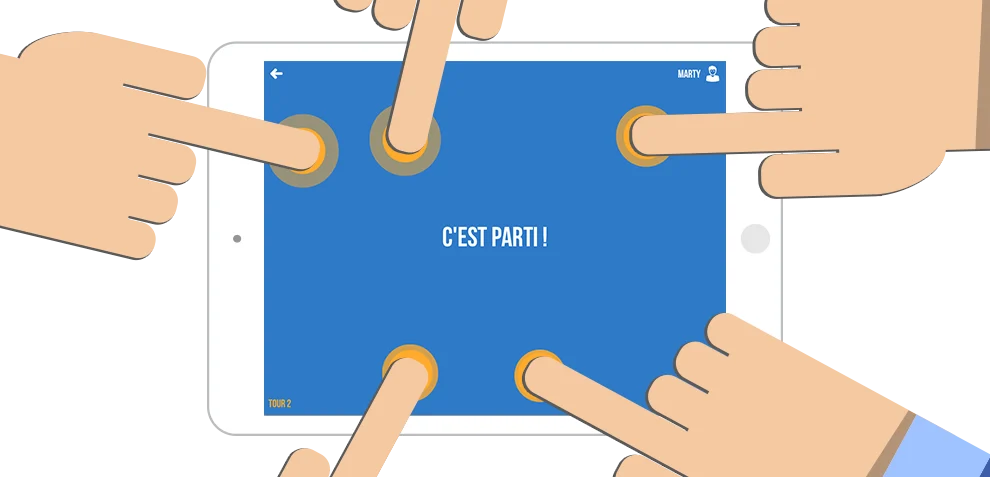 Plusieurs mains jouent sur les pastilles d’un mini-jeu Hangovr affiché sur iPad.