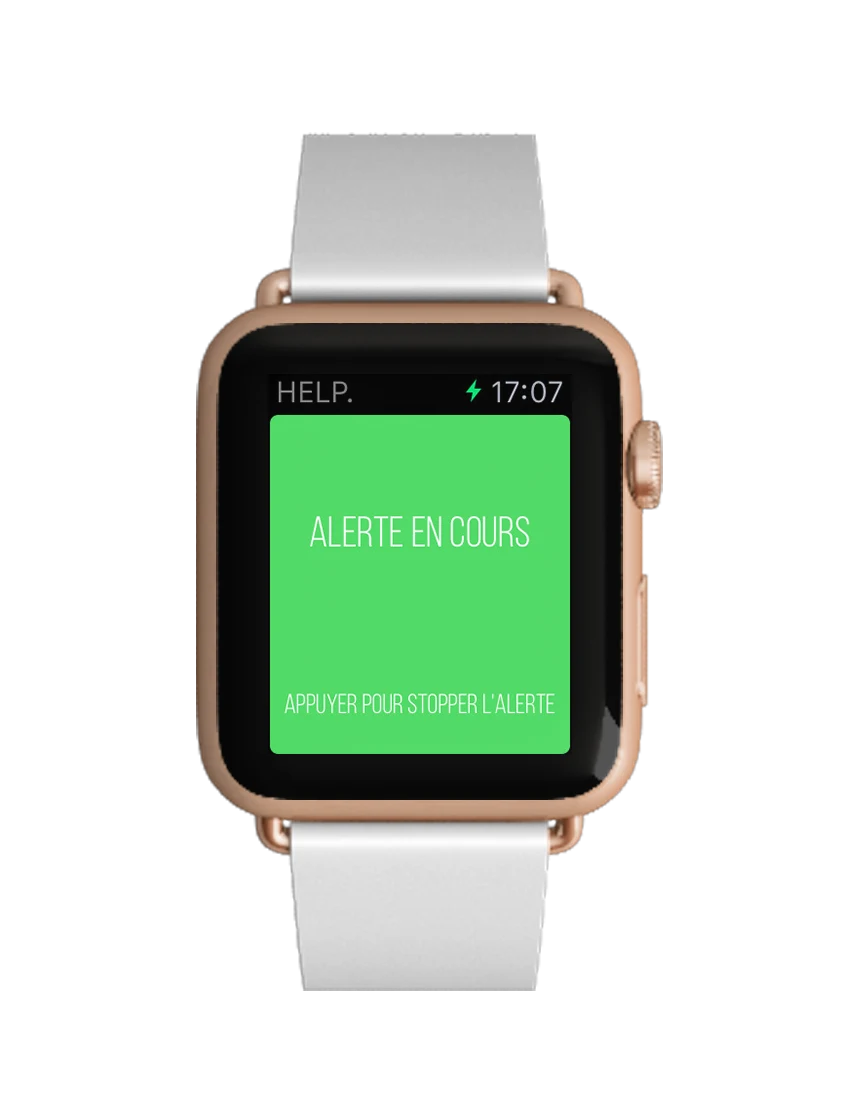 Help sur Apple Watch, avec une alerte en cours.