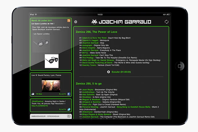 L’application Invasion sur iPad, avec les actualités et les mix de Joachim Garraud.