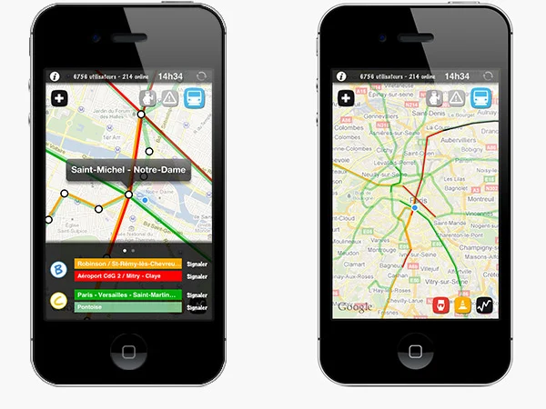Métroéclaireur sur deux iPhone, avec les lignes de transport parisiennes et les signalements sur une carte.