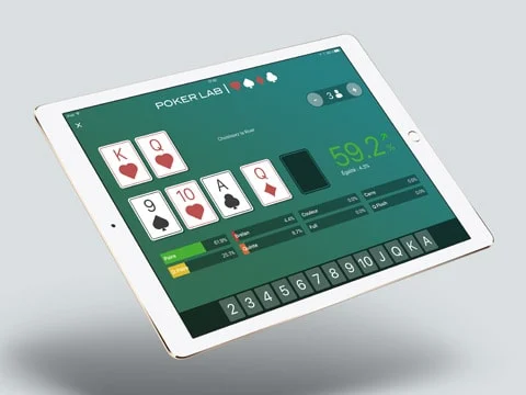 PokerLab sur iPad, avec les cartes d’une main de poker et leurs probabilités.